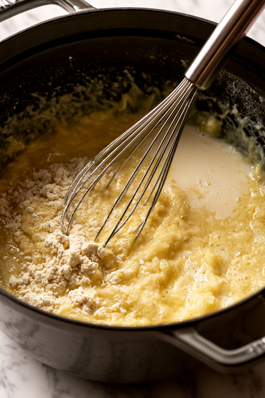 Whisk in flour and cook for 1 minute. Gradually whisk in milk and broth until smooth
