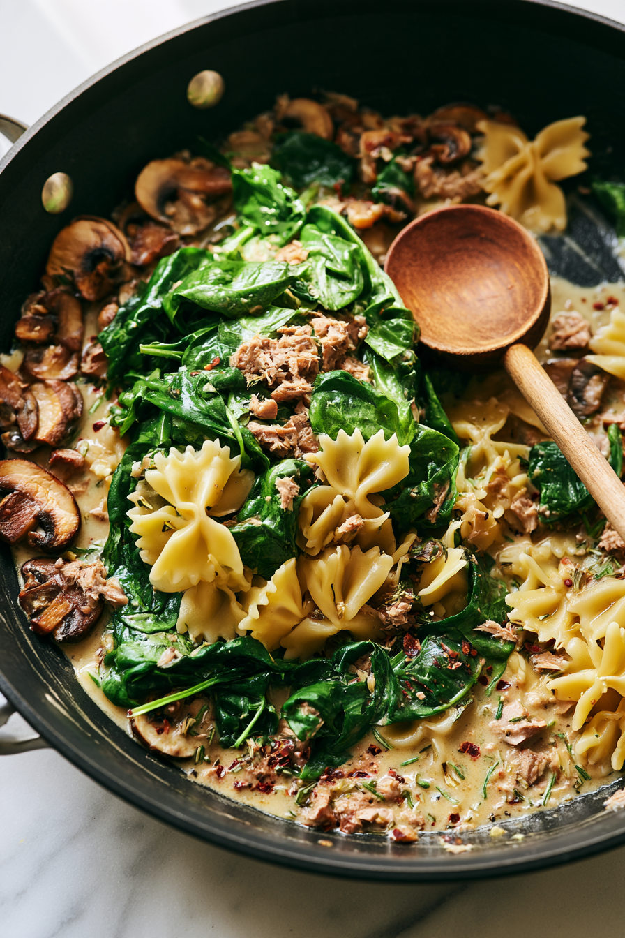 Add the baby spinach and drained tuna, then add the cooked pasta