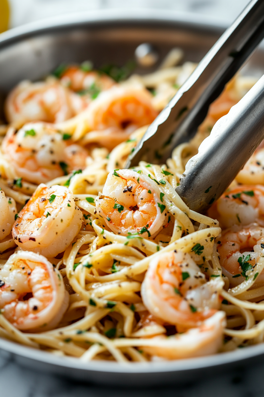 Add the cooked pasta and shrimp to the skillet and toss thoroughly to coat everything in the sauce