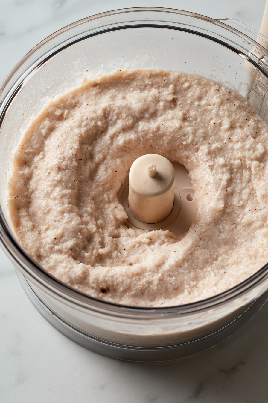Add the ground chicken, 1 egg, 1 teaspoon salt, and ¼ teaspoon pepper to a food processor