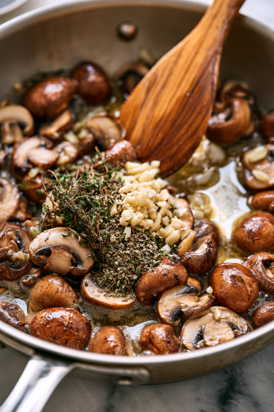 Add the minced garlic, dried thyme, and oregano. Cook for 1–2 minutes, until fragrant