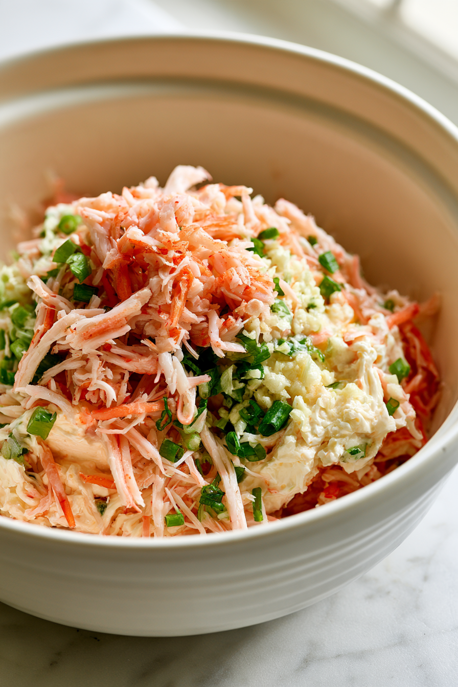 Add the softened cream cheese to a large bowl. Shred the imitation crab and add it along with the garlic and scallions