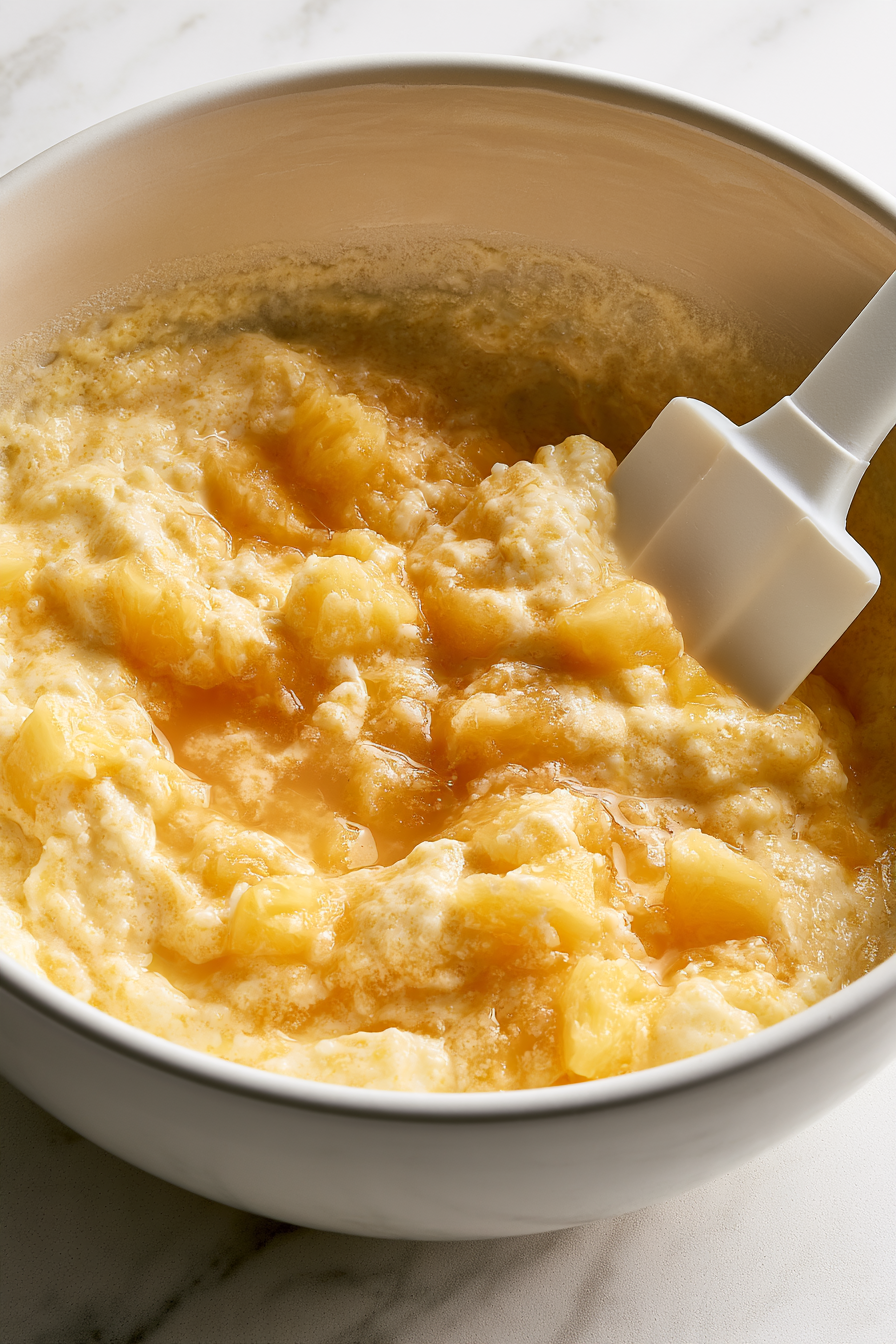 Combine the dry banana pudding mix and undrained crushed pineapple in a large mixing bowl
