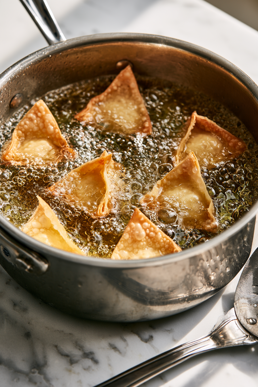 Fry the rangoons in small batches for about 2 minutes per side, or until lightly golden and crisp