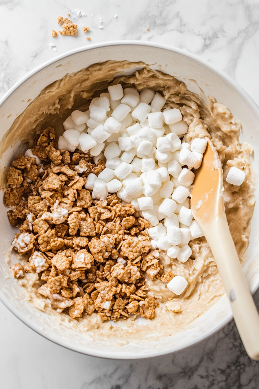 Gently fold in the crispy rice cereal, miniature marshmallows, and toffee bits, taking care not to crush the cereal