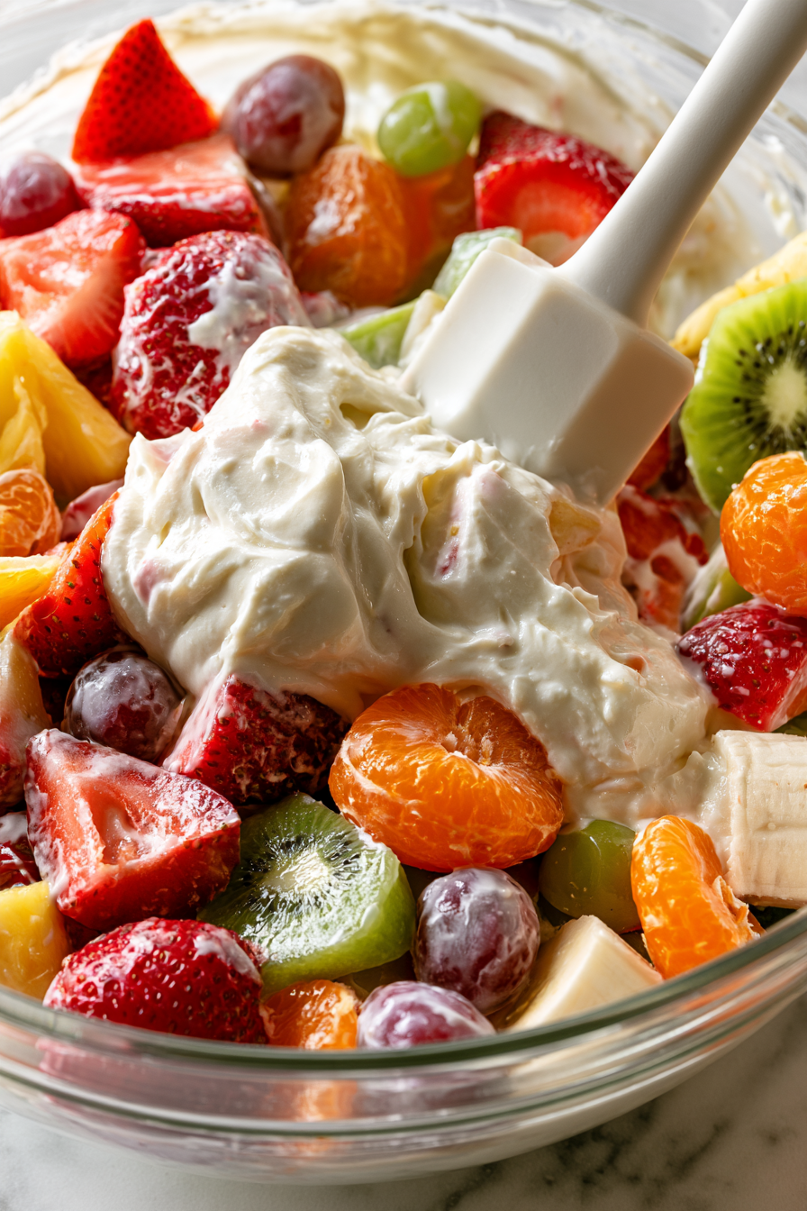 Gently toss the cheesecake mixture with the fruit until evenly coated