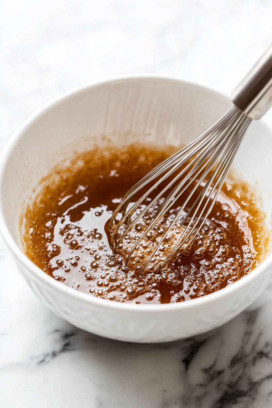 In a separate bowl, whisk the cooled butter, brown sugar, granulated sugar, egg, and vanilla until smooth and well combined