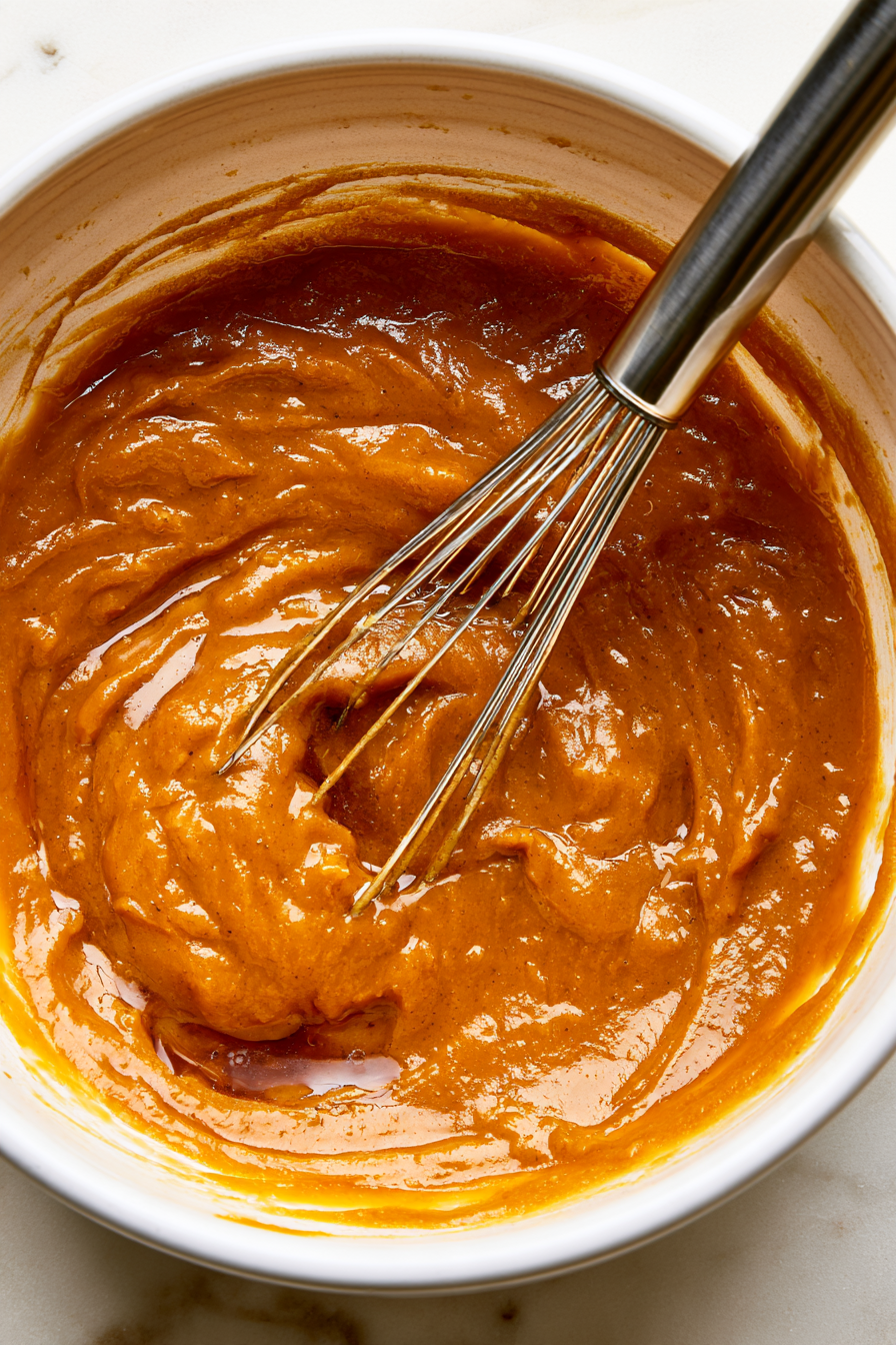 In a separate bowl, combine the browned butter, brown sugar, pumpkin purée, and beaten eggs. Stir until evenly blended.