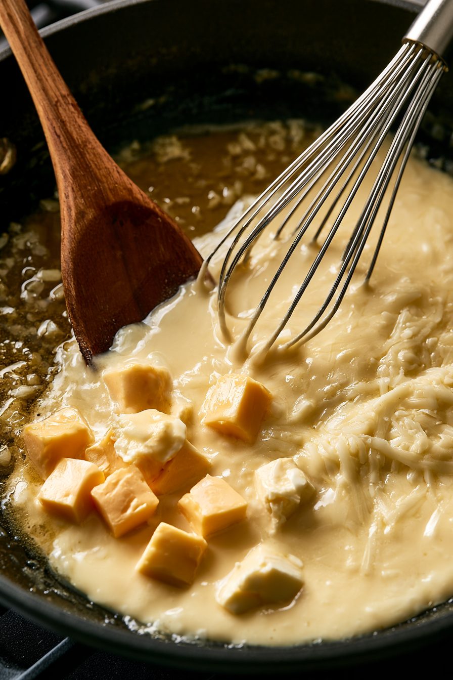 Pour in the chicken broth and heavy cream