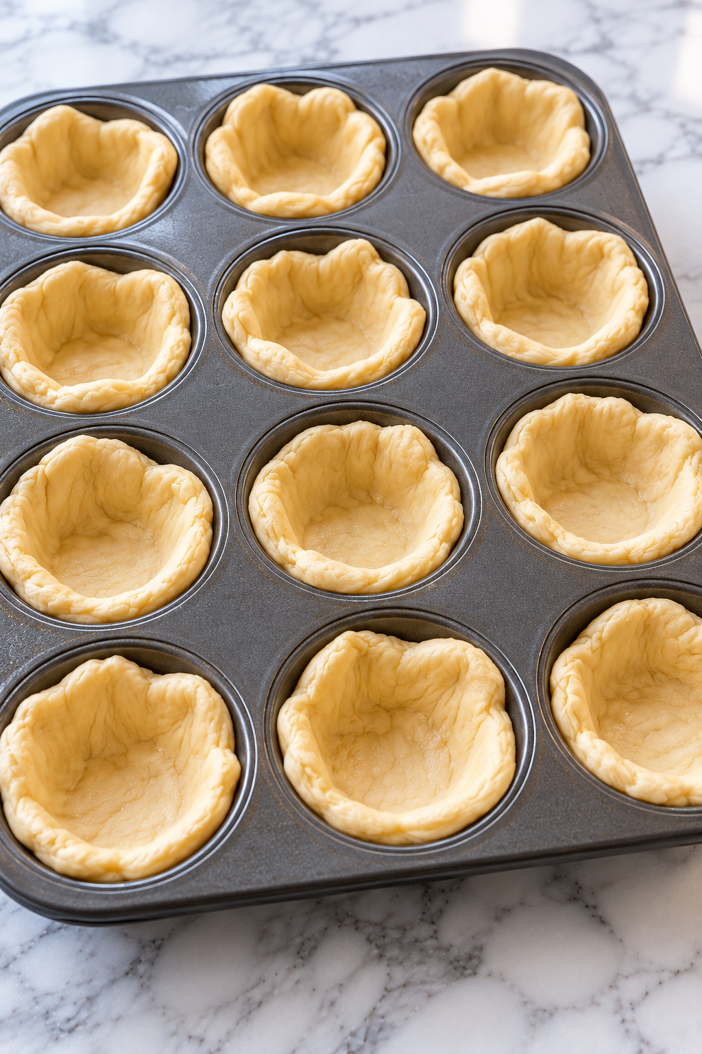 Press one dough section into each muffin cup, shaping it into a small crust that covers the bottom and sides