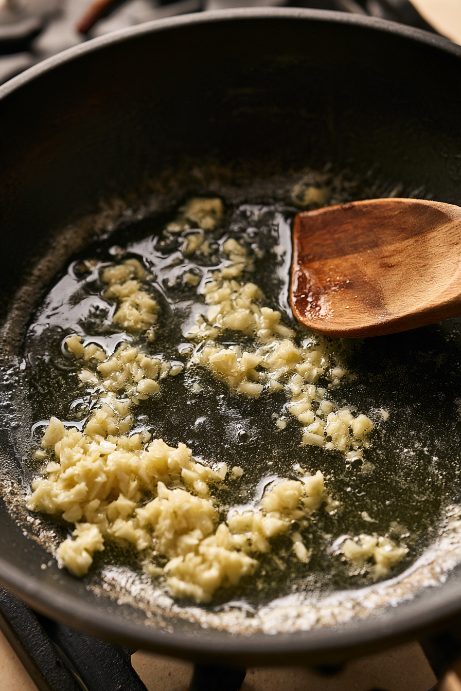 Reduce the heat to medium and melt the remaining 2 tablespoons of butter in the same skillet. Add the minced garlic and sauté until fragrant