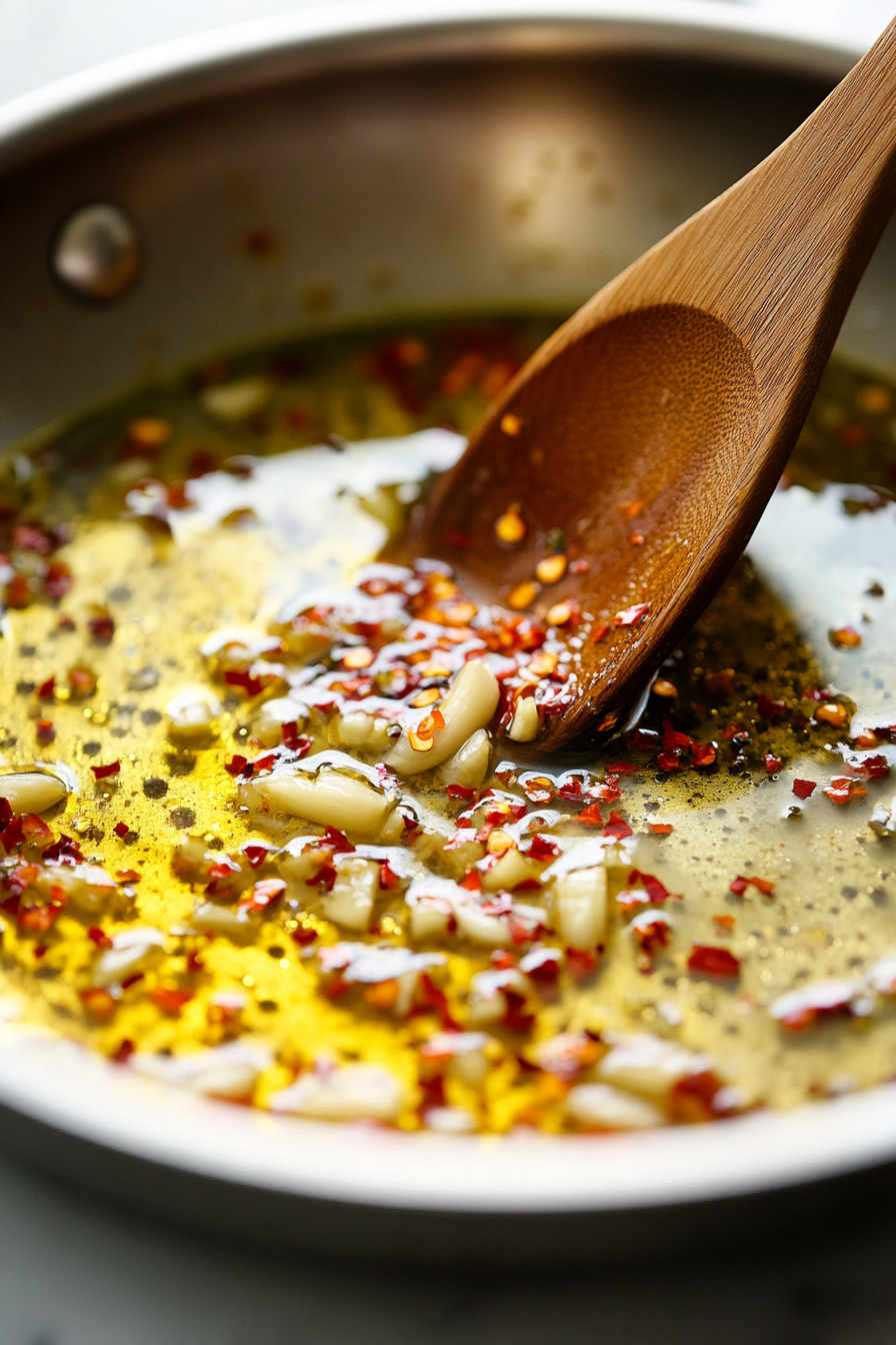 Reduce the heat to medium. Add the remaining olive oil to the skillet along with the minced garlic and red pepper flakes