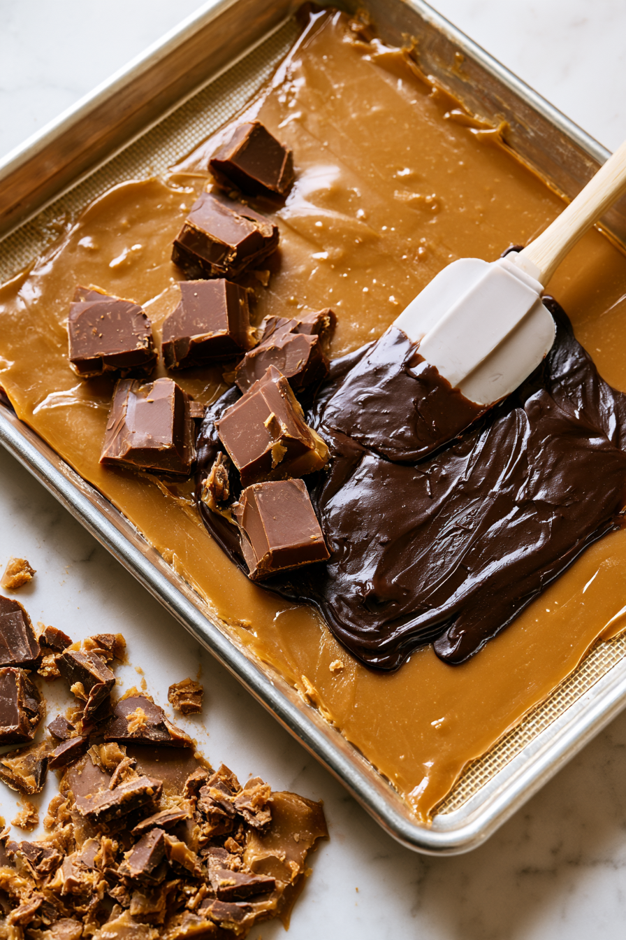 Sprinkle the vegan chocolate over the warm toffee and spread it thin